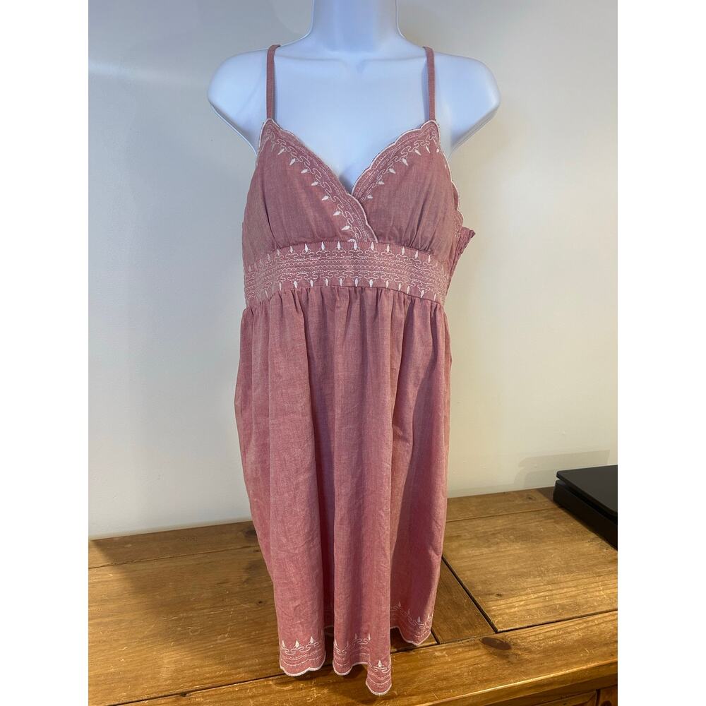 Bananas Monkey Sz L Red Sundress White Embroidery V-Neckline Empire Waist Summer